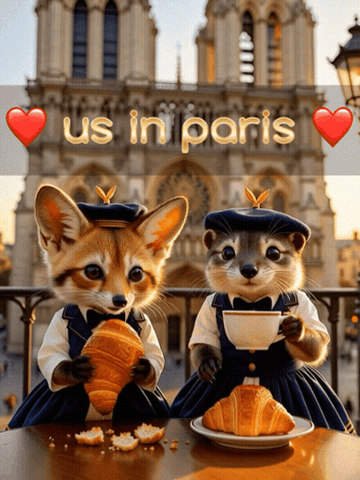 Two Foxes Sitting At Table With Croissant And Coffee Us In Paris GIF