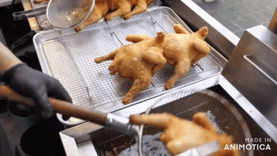 Two Fried Chickens Are Being Cooked In A Fryer And The Words Made In Animatica Are Visible GIF