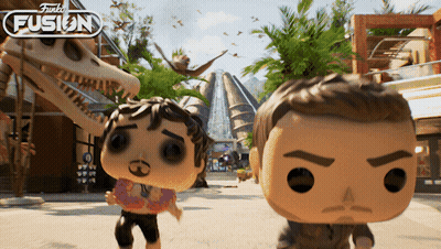 Two Funko Pop Figures In Front Of Dinosaur Skeleton Funko Fusion Sign GIF