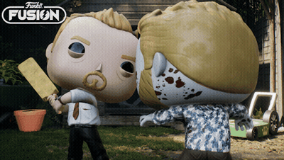 Two Funko Pop Figures Standing In Backyard GIF