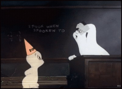 Two Ghosts At Blackboard Spook When Spoken To GIF