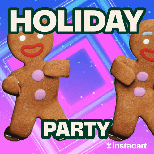 Two Gingerbread Men Are Dancing In Front Of A Holiday Party Advertisement GIF