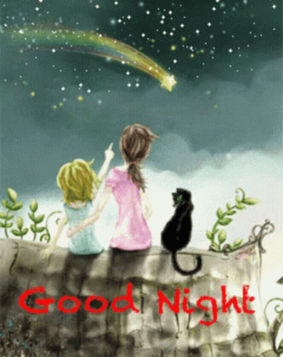 Two Girls And Cat Saying Good Night GIF