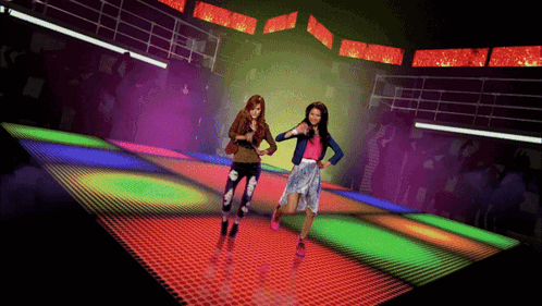 Two Girls Are Dancing On A Dance Floor With Purple Lights GIF