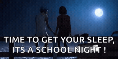 Two Girls Are Holding Hands In Front Of A Full Moon And The Words Time To Get Your Sleep It 'S A School Night . GIF