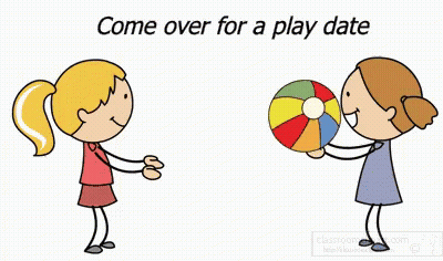Two Girls Are Playing With A Beach Ball With The Words Come Over For A Play Date GIF