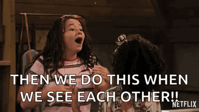 Two Girls Are Standing Next To Each Other And One Of Them Says Then We Do This When We See Each Other ! GIF