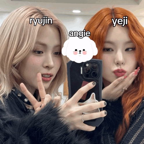 Two Girls Are Taking A Picture Of Themselves With The Name Ryujin Written Above Them GIF