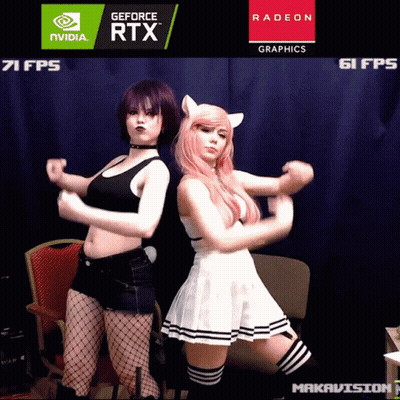 Two Girls Dancing In Front Of Nvidia And Radeon Logo GIF