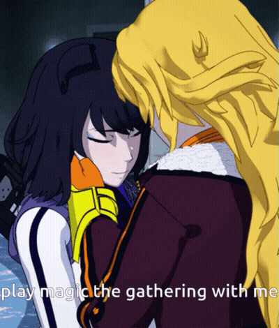 Two Girls Hugging Saying Play Magic The Gathering With Me GIF