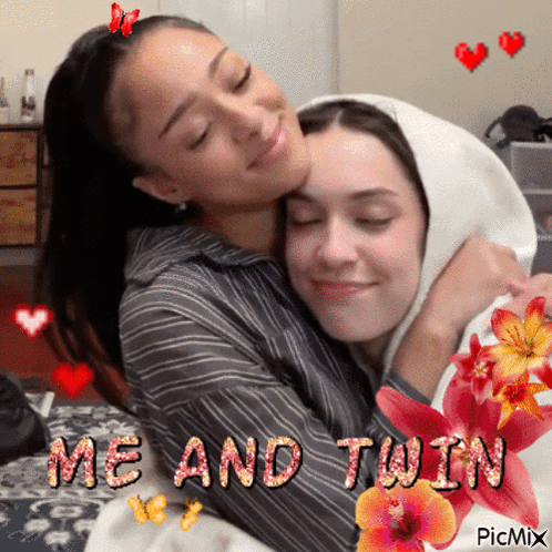 Two Girls Hugging With Me And Twin GIF