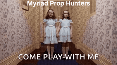 Two Girls In Blue Dresses Are Standing Next To Each Other In A Hallway With The Words Come Play With Me Below Them GIF