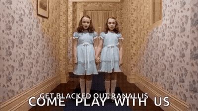 Two Girls In Blue Dresses In Hallway GIF