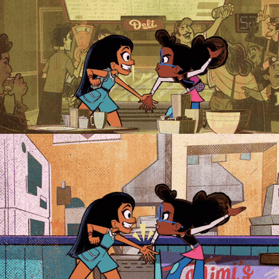 Two Girls In Front Of Deli GIF