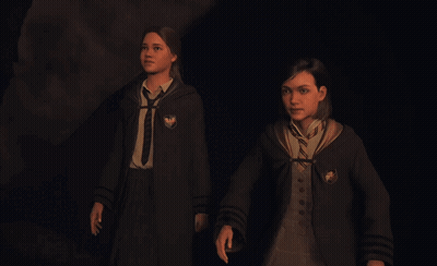 Two Girls In Harry Potter Uniforms Walking In Dark Room GIF