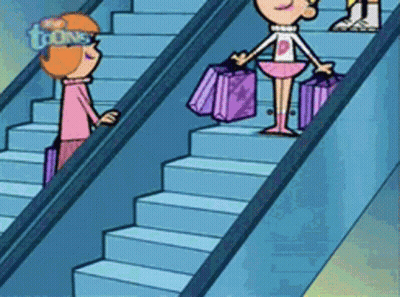 Two Girls On Escalator With Toons GIF