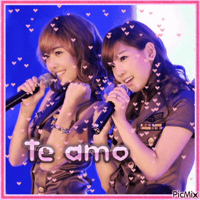 Two Girls Singing Into Microphones With The Words Te Amo On The Bottom Right GIF