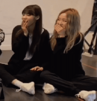 Two Girls Sitting On Floor Laughing Covering Mouths GIF