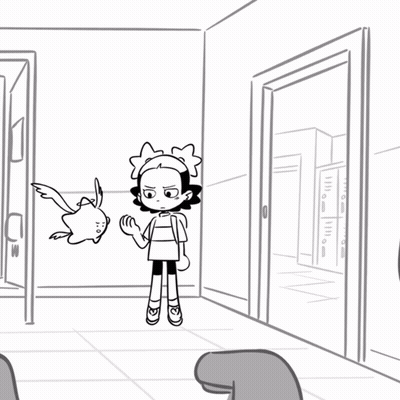 Two Girls Standing In Hallway Black And White Drawing GIF