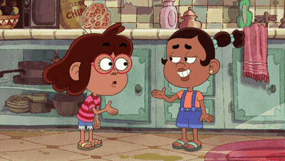 Two Girls Talking In Kitchen With Rice Chips GIF