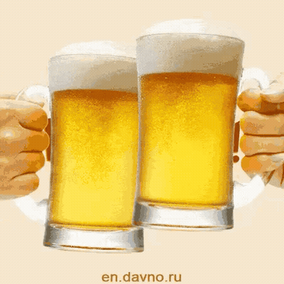 Two Glasses Of Beer Are Being Held Up In Front Of A Sign That Says Happy The Beer GIF
