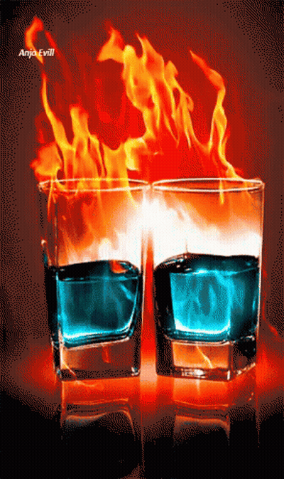 Two Glasses Of Blue Liquid With Flames And Anjo Evill GIF