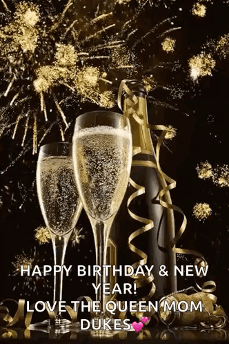 Two Glasses Of Champagne And A Bottle Of Champagne With Fireworks In The Background GIF