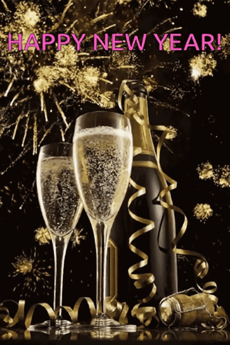 Two Glasses Of Champagne And A Bottle Of Champagne With The Words Happy New Year GIF