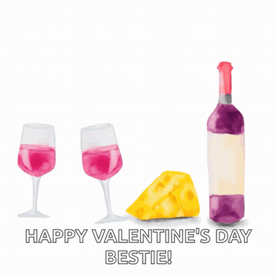 Two Glasses Of Wine A Bottle Of Wine And A Piece Of Cheese On A Valentine 'S Day Card GIF