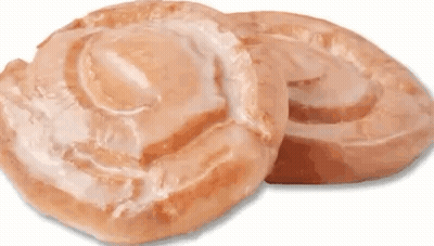 Two Glazed Donuts Are Sitting On Top Of Each Other On A White Background . GIF