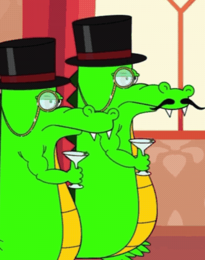 Two Green Cartoon Alligators In Top Hats Holding Martinis GIF