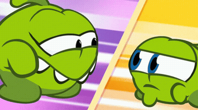 Two Green Cartoon Characters Looking At Each Other On Yellow And Purple Background GIF