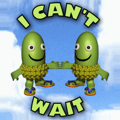 Two Green Cartoon Characters Saying I Can't Wait GIF