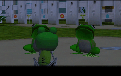 Two Green Frogs Are Dancing In A Video Game With The Words Yaaay Rain Ribbit Rain Ribbit Written Below Them GIF