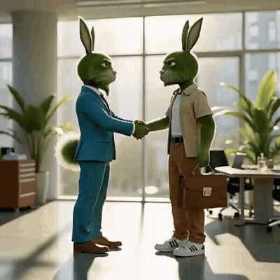 Two Green Rabbits Shaking Hands In An Office GIF