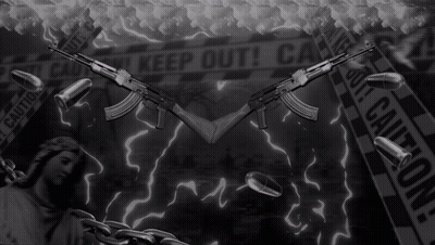 Two Guns Are Surrounded By Bullets And A Caution Tape GIF