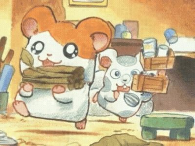 Two Hamsters Are Standing Next To Each Other In A Room And One Is Carrying A Stack Of Logs . GIF