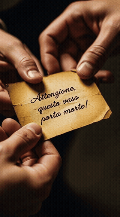 Two Hands Holding A Piece Of Paper That Says ' Attenzione Questo Vaso Porta Morte ' On It GIF