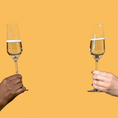 Two Hands Toasting Champagne Glasses Yellow Background GIF