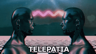 Two Heads Are Looking At Each Other And The Words Telepatia Are On The Bottom GIF