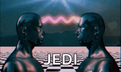 Two Heads Are Standing Next To Each Other With The Word Jedi In The Background . GIF