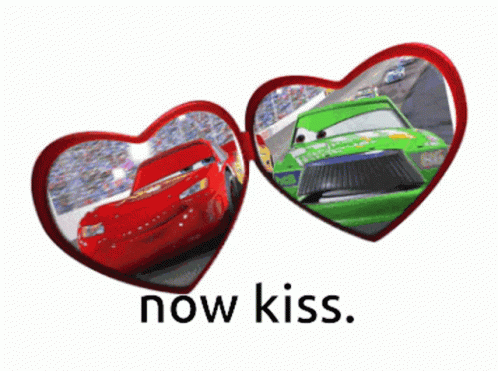 Two Heart Shaped Mirrors With Cars On Them And The Words Now Kiss Below Them GIF