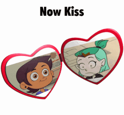 Two Heart-Shaped Mirrors With Cartoon Characters Saying Now Kiss GIF