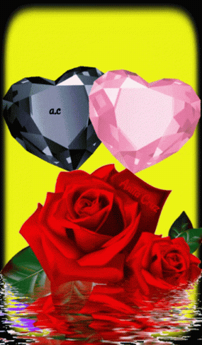 Two Hearts And Two Red Roses With Yellow Background GIF