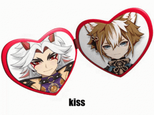 Two Hearts With Anime Characters On Them With The Word Kiss Below Them GIF