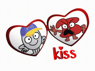 Two Hearts With Cartoon Characters On Them And The Word Kiss In Red GIF