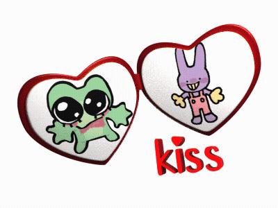 Two Hearts With Frog And Rabbit Saying Kiss GIF