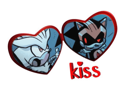 Two Hearts With Sonic And Shadow On Them And The Word Kiss Below Them GIF