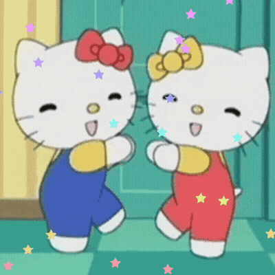 Two Hello Kitty Characters Dancing In Front Of Blue Door GIF