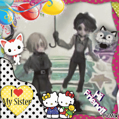 Two Hello Kitty Dolls And Boy Holding Umbrella GIF